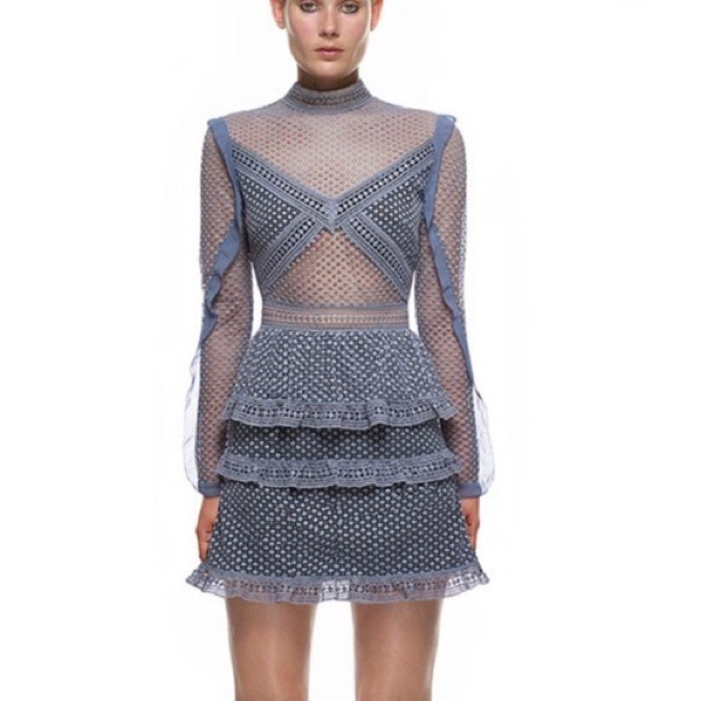 Self Portrait  Lace Long Sleeve Blue Mini Dress Size US 2